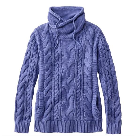 LL Bean Cotton Blue/Purple Double L Mixed Cable Funnelneck Cotton Sweater S - Picture 1 of 7